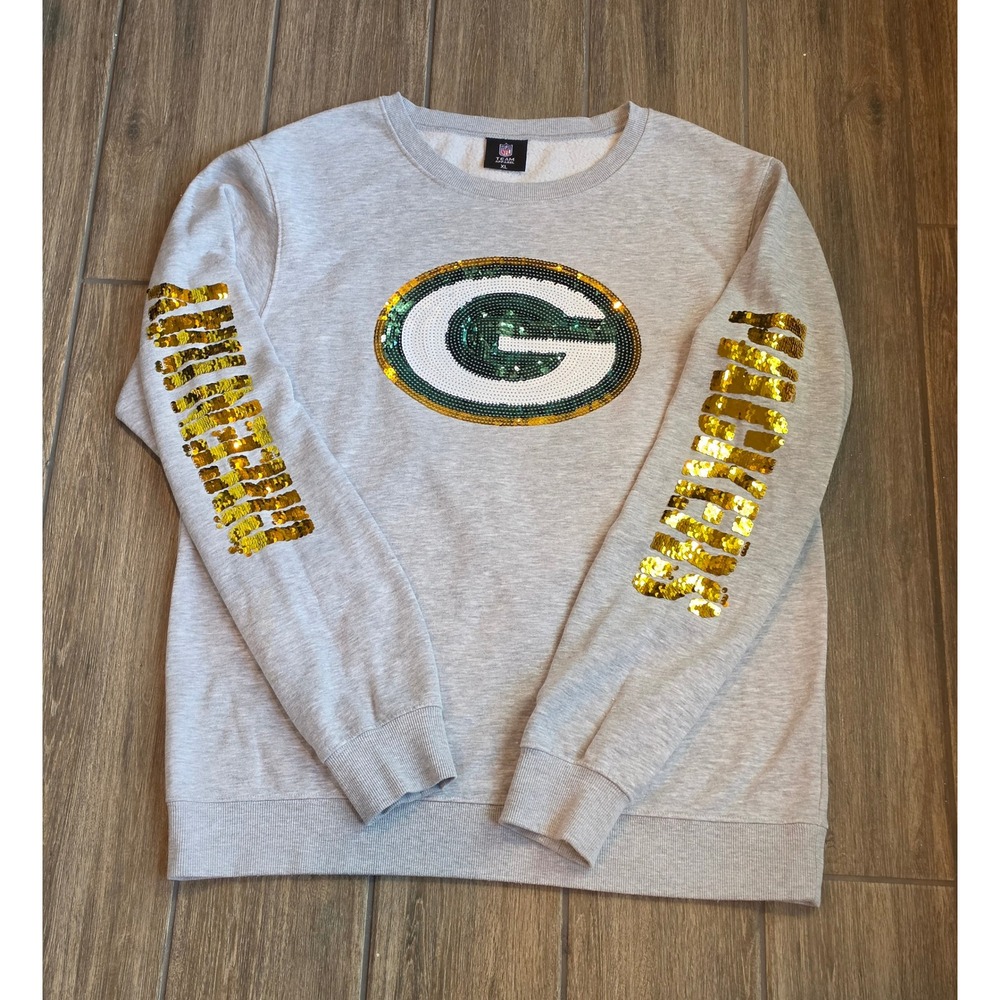 NFL Team Apparel Green Bay Packers Sequin Logo Sweatshirt Heather Gray XL - Picture 5 of 5
